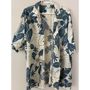 Two Palms Hawaiian Shirt Mens 2XL Blue White Floral Hibiscus Cotton Made Hawaii